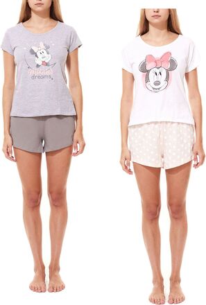 Disney Minnie Mouse Damen Pyjama kurzer Baumwoll Sommer-Schlafanzug in Weiß oder Grau