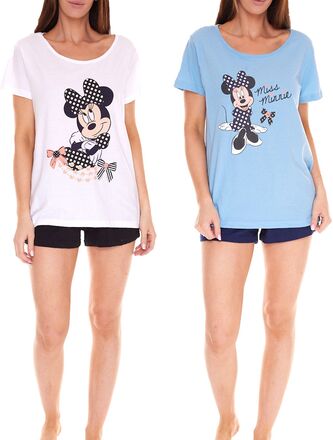 Disney Minnie Mouse Damen Pyjama kurzer Baumwoll Sommer-Schlafanzug Blau oder Weiß/Schwarz