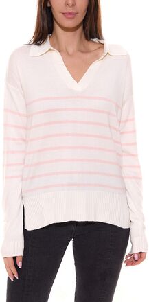 LAURA SCOTT Damen Langarm-Shirt gestreifter Pullover mit Polo-Kragen 87686620 Wollweiß/Rosa