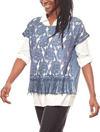 linea TESINI Damen Bluse mit Spitzenshirt Blau/Weiß
