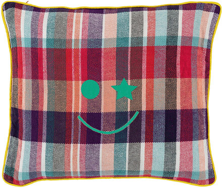 Embroidered Happy Smile Plaid Cushion Home Textiles Cushions & Blankets Cushions Multi/mønstret Anna + Nina*Betinget Tilbud