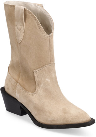 Biamona Western Boot Mid Suede Shoes Boots Ankle Boots Ankle Boots With Heel Beige Bianco