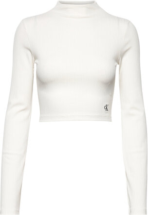 Shiny Rib High Neck Long Sleeve Tops Crop Tops Long-sleeved Crop Tops White Calvin Klein Jeans