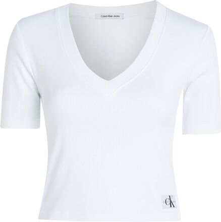 Woven Label Rib V-Neck Tee Tops Crop Tops Short-sleeved Crop Tops White Calvin Klein Jeans