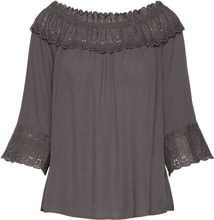 Crbea Lace Blouse Tops Blouses Long-sleeved Grey Cream