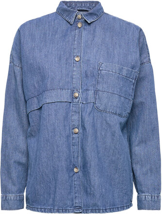 With Hemp: Denim Blouse Tops Shirts Long-sleeved Blue Esprit Collection