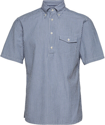 Navy Striped Seersucker Short Sleeve Popover Shirt Kortermet Skjorte Blå Eton*Betinget Tilbud