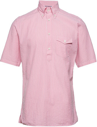 Navy Striped Seersucker Short Sleeve Popover Shirt Kortermet Skjorte Rosa Eton*Betinget Tilbud