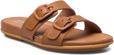 Gracie Rubber-Buckle Two-Bar Leather Slides Flade Sandaler Brown FitFlop