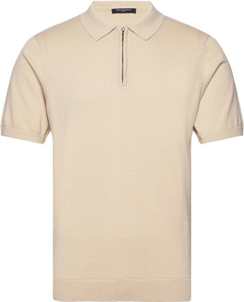 Zip Neck Ss Polo Tops Knitwear Short Sleeve Knitted Polos Beige French Connection