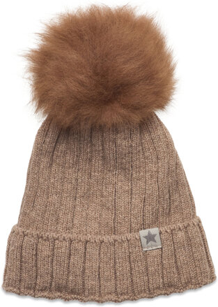 Hat Knit W. Alpaca Pompom Accessories Headwear Hats Winter Hats Beige Huttelihut*Betinget Tilbud