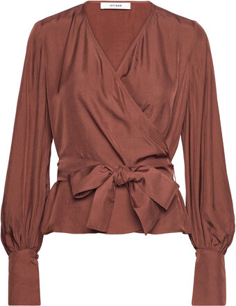 Cropped Wrap Blouse Tops Blouses Long-sleeved Brown IVY OAK
