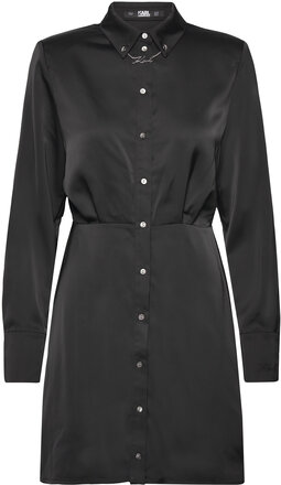 Karl Charm Satin Shirt Dress Designers Short Dress Black Karl Lagerfeld