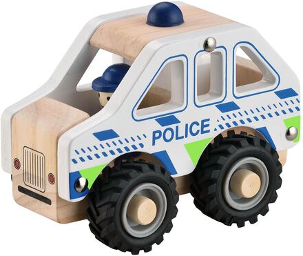 Wooden Police Car With Rubber Wheels Toys Toy Cars & Vehicles Toy Vehicles Police Cars Hvit Magni Toys*Betinget Tilbud