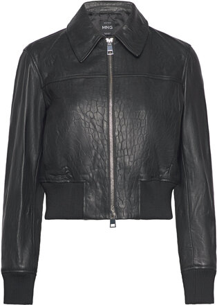 Leather Jacket With Elasticated Hem Læderjakke Skindjakke Black Mango
