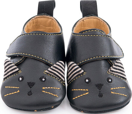 Black Cat Leather Slippers Les Moustaches 12/18 M Shoes Baby Booties Svart Moulin Roty*Betinget Tilbud