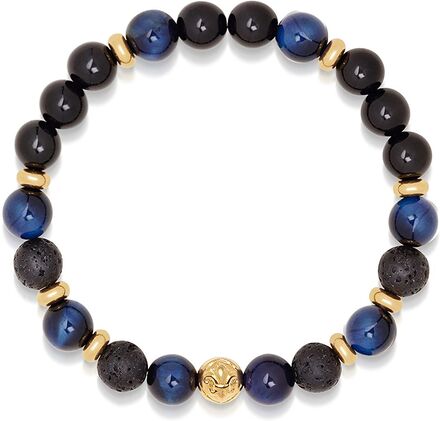 Men's Wristband With Blue Tiger Eye, Black Agate, Lava St Armbånd Smykker Blå Nialaya*Betinget Tilbud