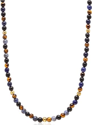Beaded Necklace With Dumortierite, Brown Tiger Eye, And Gold Halsband Smycken Blue Nialaya