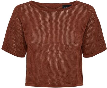 Pcbeachy Ss Crop Knit Sww Tops Crop Tops Short-sleeved Crop Tops Brown Pieces
