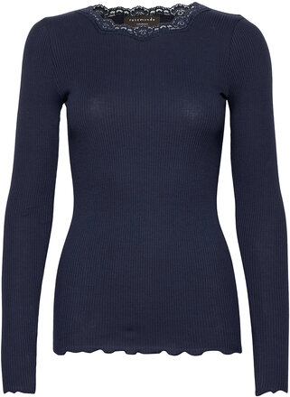 Organic T-Shirt W/ Lace T-shirts & Tops Long-sleeved Marineblå Rosemunde*Betinget Tilbud