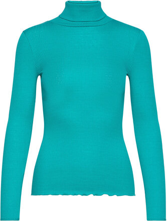 Silk T-Shirt W/ Roller Neck Tops Knitwear Turtleneck Blue Rosemunde