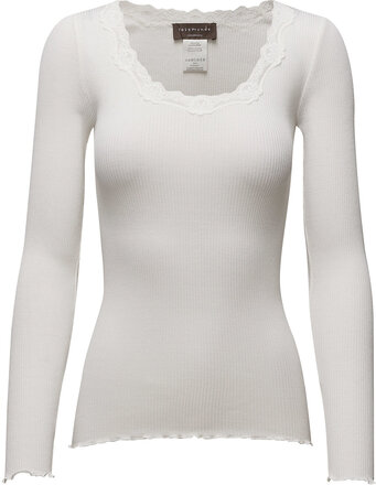 Silk T-Shirt W/ Lace T-shirts & Tops Long-sleeved Hvit Rosemunde*Betinget Tilbud