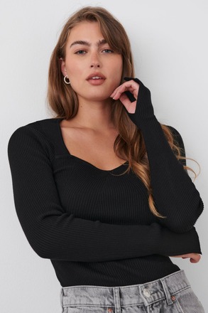 Gina Tricot - Rib knitted top - Strikkede gensere - Black - XS - Female