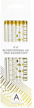 Blyertspenna med radertopp 8-pack vit/guld