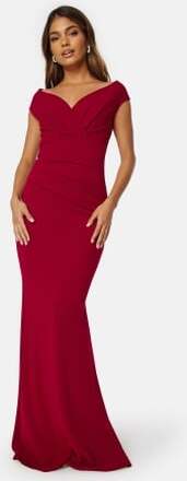 Goddiva Bardot Pleat Maxi Dress Wine M (UK12)