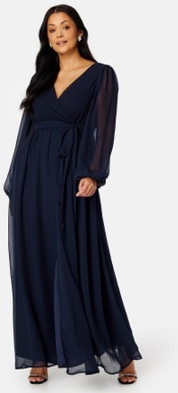 Goddiva Curve Long Sleeve Chiffon Maxi Curve Dress Navy 50 (UK22)