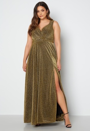 Goddiva Curve Glitter Wrap Front Maxi Curve Dress With Split Gold 48 (UK20)