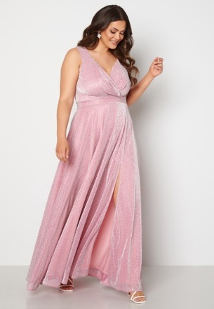 Goddiva Curve Glitter Wrap Front Maxi Dress With Split Pink 52 (UK24)