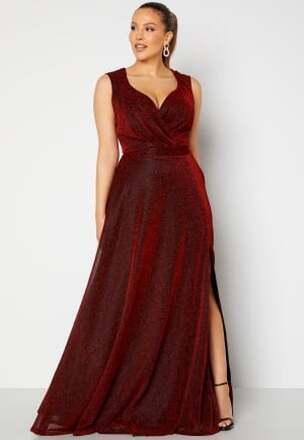 Goddiva Curve Glitter Wrap Front Maxi Curve Dress With Split Red 52 (UK24)