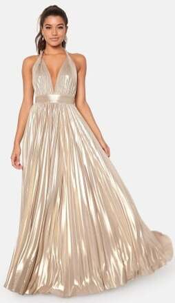 Goddiva Deep V Neck Metallic Dress Gold L (UK14)