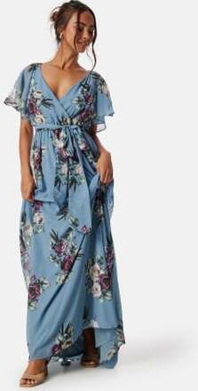 Goddiva Flutter Floral Maxi Dress Blue S (UK10)