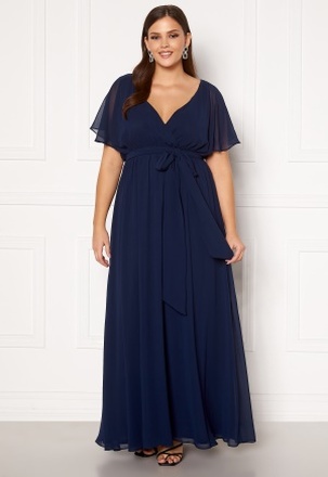 Goddiva Curve Flutter Sleeve Chiffon Maxi Curve Dress Navy 50 (UK22)