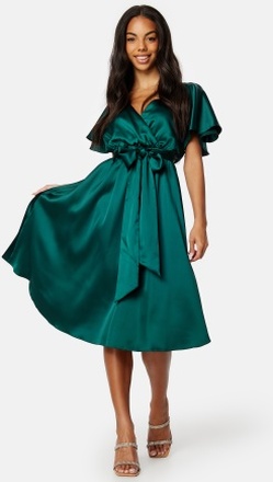 Goddiva Flutter Sleeve Satin Midi Dress Green S (UK10)
