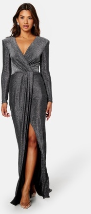 Goddiva Long Sleeve Glitter Maxi Dress Black/Silver XXS (UK6)