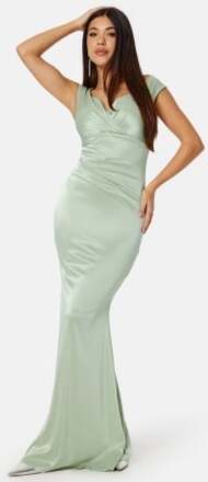 Goddiva Satin Bardot Pleat Maxi Dress Sage Green S (UK10)