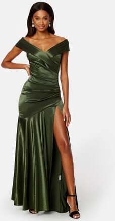 Goddiva Satin Bardot Pleat Maxi With Split Olive XL (UK16)