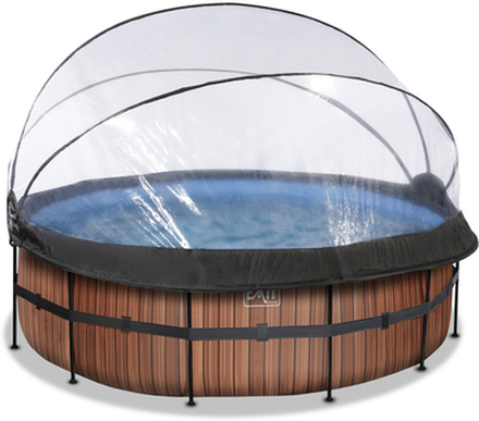 EXIT Frame Pool ø427x122cm (12v Sand filter) - træoptik + soltag + varmepumpe