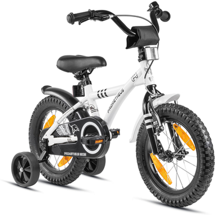 PROMETHEUS BICYCLES ® Børnecykel 14 i hvid & sort fra 3 år med træningshjul