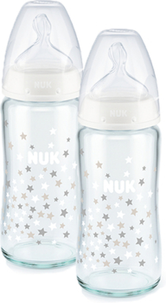 NUK Glasflaske First Choice ⁺ fra fødslen 240 ml, temperatur control i dobbeltpakke hvid