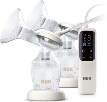NUK Soft & Easy elektrisk dobbelt brystpumpe med genopladeligt batteri og hvide brysttilbehørsdele inkl. Perfect Match 150 ml sutteflaske