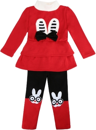 Nettes Baby Mädchen Zweiteiliges Set Bogen Cartoon Muster Langarm Sweatshirt elastische Taille Hose Fleece Warm Outfits rot/grau