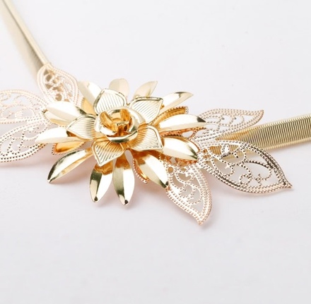 Mode Frauen Lady Gold Metall Kette Gürtel Blumen Verzierung elastische Taille Strap Belt All-Match Kummerbund Gold