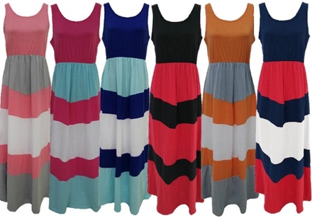 New Family Frauen Striped langes Kleid Sleeveless Color Block Bohemian beiläufige Strand-Kleid Sundress