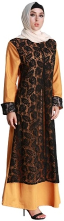 Mode Frauen Muslim Kleid Spitze Spleiß Lange Ärmel Abaya Kaftan Islamic Arab Robe Maxi Lange Kleid Gelb