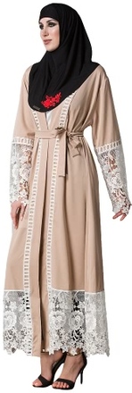Frauen Muslim Floral Lace Robes Langarm Abaya Kaftan Islamic Arab Lange Strickjacke Gürtel Trench Coat Khaki
