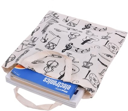 Cartoon Muscial Instrumente Muster Waschbare Baumwolltuch Handtasche Musik-Taschen-Schulter-Lebensmittelgeschäft-Einkaufstasche für Studenten Mädchen